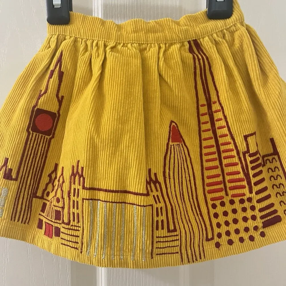 Piccolina Embroidered London Skyline Corduroy Skirt Yellow Girls Size 2T